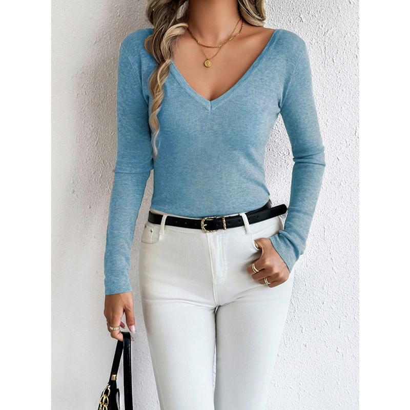 New Reversible V-Neck Long Sleeve Knitted Top Solid Color Round Neck Wool Blend Pullover Sweater Base Shirt