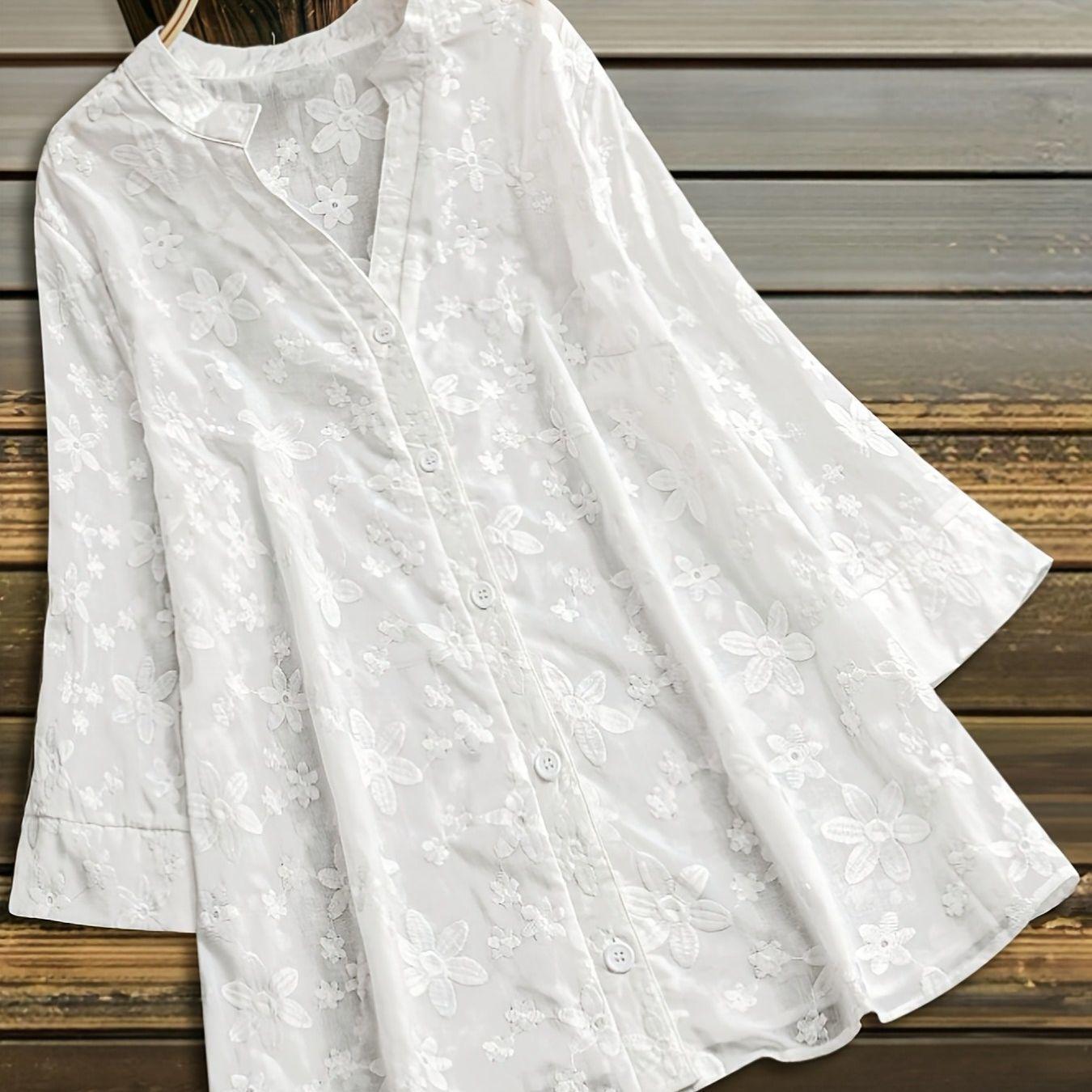 Plus Size Floral Embroidered Semi-Sheer Mid-Sleeve Cardigan 4XL
