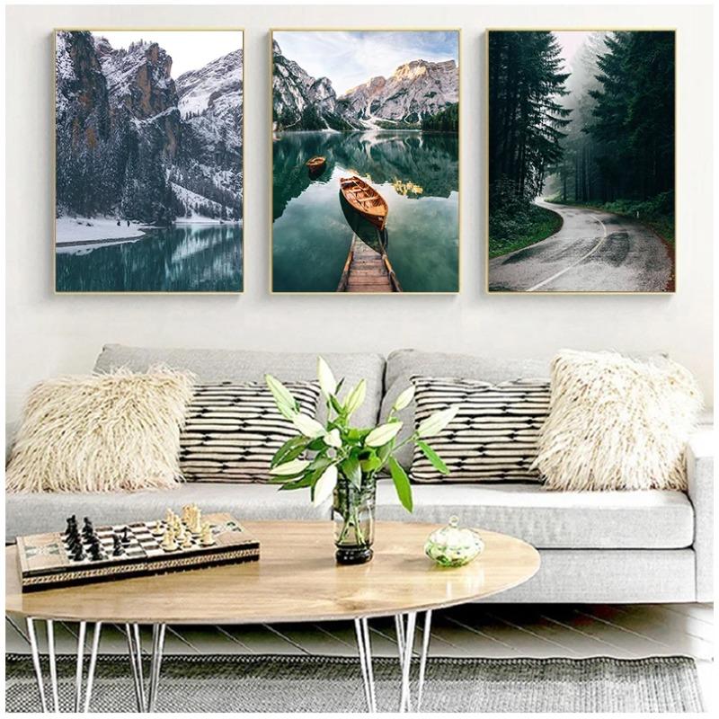 Boat Lake Canvas Painting Nature Nordic Style Forest Landscape Wall Art Poster Print Decorative Pictures Living Room Decor