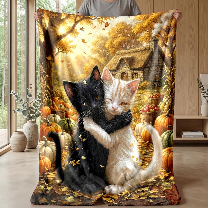 Fall Kittens Hugging Theme blanket Lightweight Warm Flannel Blanket Decorative Throw Blanket for Home Decoration
