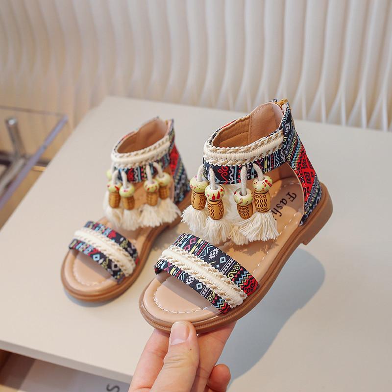Sandalias Étnicas Retro para Niñas Sandalias Gladiador Infantiles Zapatos de Princesa con Borlas de Moda para Niños Transpirables Antideslizantes