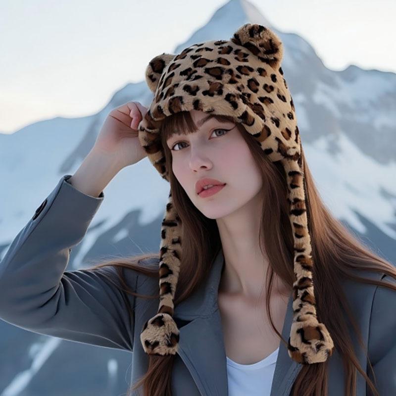 Star Leopard Print Plush Lei Feng Hat Women's Autumn and Winter Thickened Cold-proof and Warm Ear Protection Hat Cute Bear Headhat