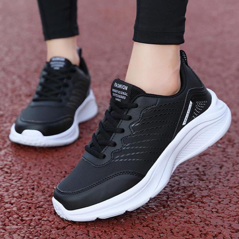 Autumn Winter Leather Sneakers Women Black Casual Shoes Women Waterproof Sports Shoes Lightweight Walking Shoes Ladies Sneakers