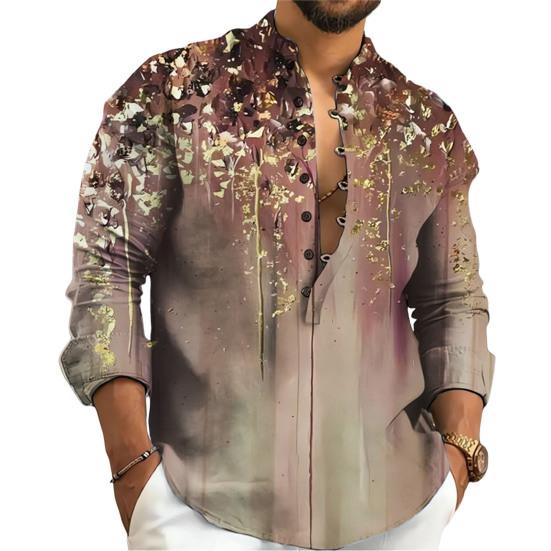 Men Shirt Thin Stand Collar Printed Single-breasted Solid Color Long Sleeves Soft Mid Length