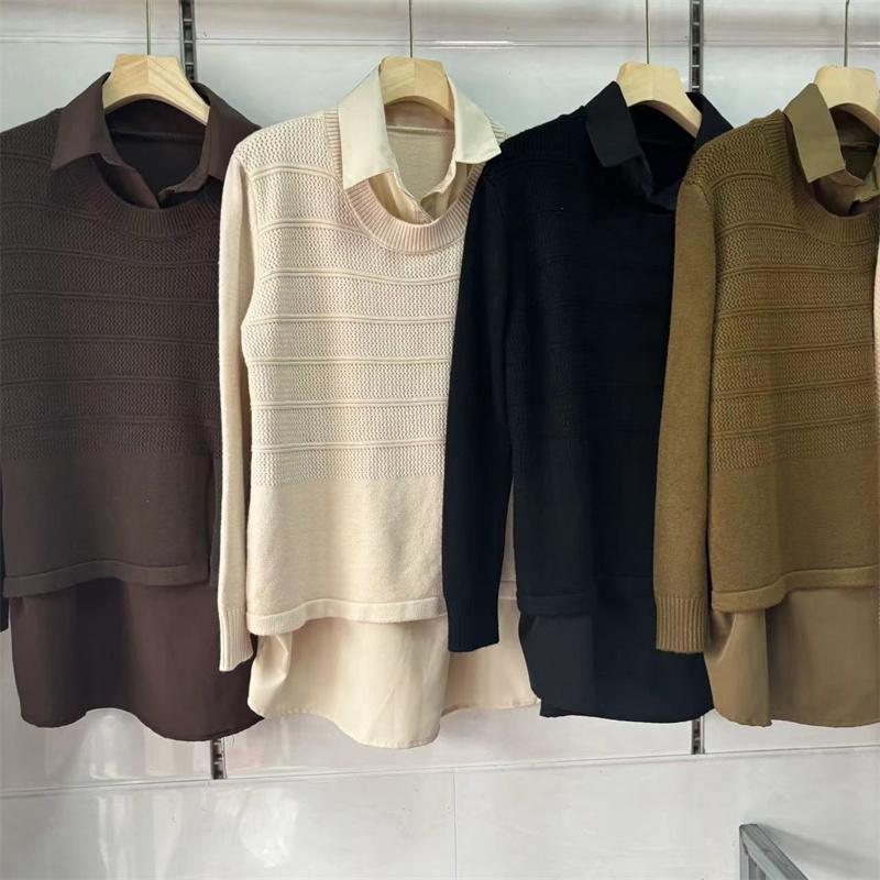 Korean Fake Two-piece Shirt Knitted Women's Spring Autumn Fashion Loose Sweater Bottoming Shirt Female Knitwear Tops
