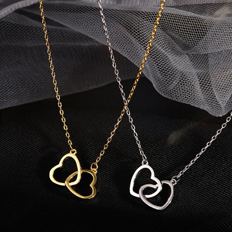 New 925 Silver Double Ring Heart Necklace Women Clavicle Chain Simple Elegant Wedding Jewelry Gift for Her
