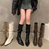 Fashion Women's Knee High Boots Sexy Pointed Toe Stiletto Heel Leather Boots Pleated Stack Long Tube Boots Slim Knight Boot Botas Mujer