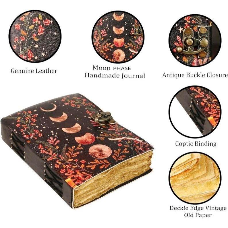 Moon Phase Leather Journal | Handmade Vintage Celestial Notebook | Antique Deckle Paper Diary