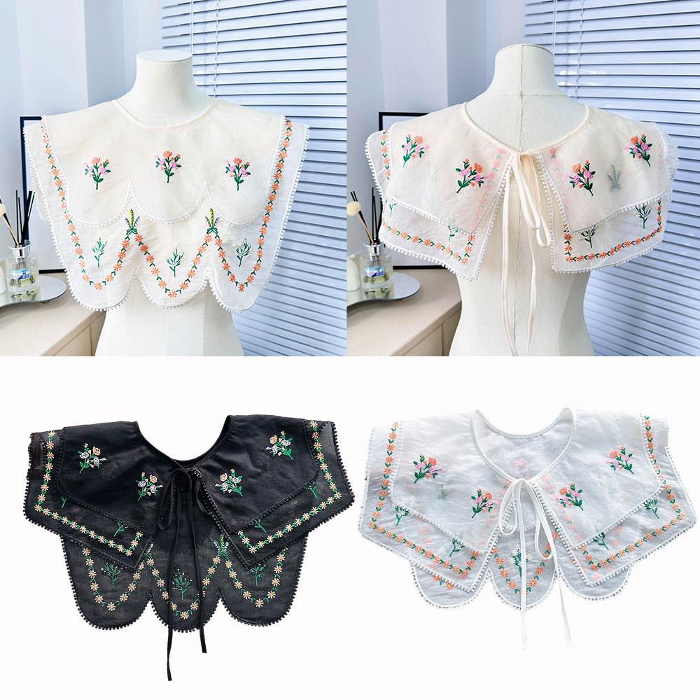 Wave Edge False Collar Embroidered Collar Lace Up Neckline Detachable Fake Collar DIY Floral Embroidery Doll Lapel Shawl