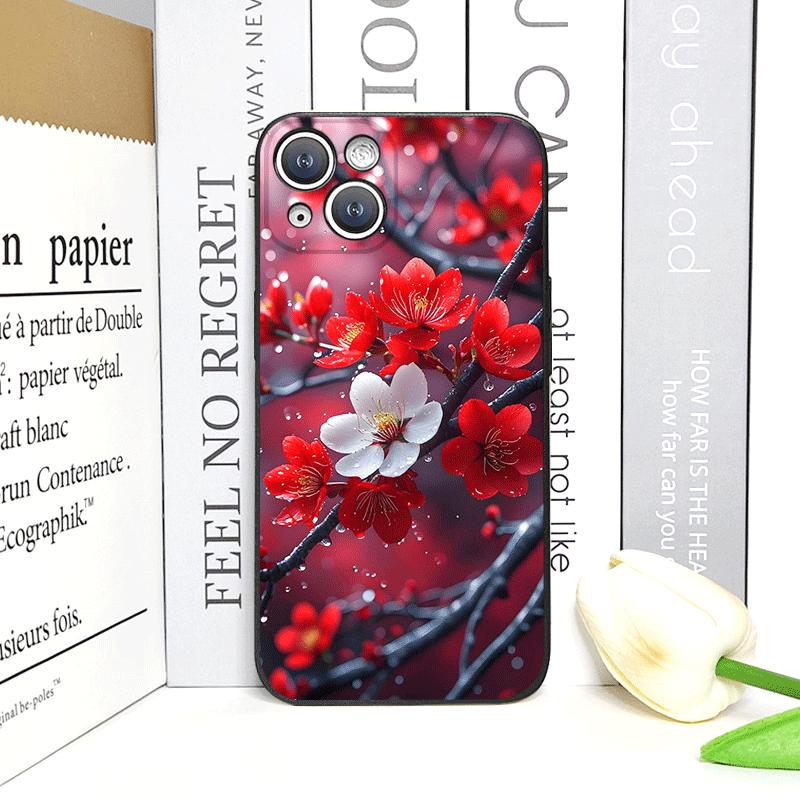 Retro Künstlerisches Rotes Blume Pflaumenblüte Muster Handyhülle für iPhone 17 16 12 11 14 Plus 13 15 Pro Max Mini X XS XR Weiche Hüllen
