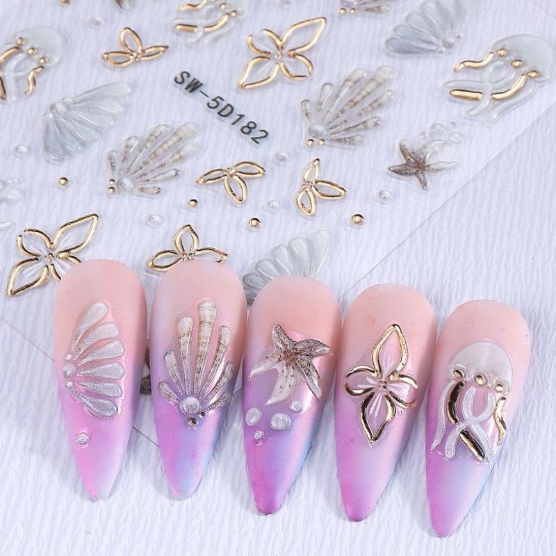 Jellyfish Summer Beach Nail Stickers Colorful Shell Starfish Conch Fish Adhesive Sliders Embossed Decals Manicure Foils Decor