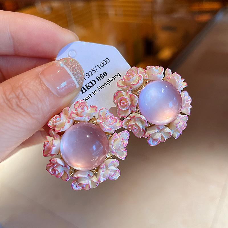 Silver Needle Round Flower Resin Stud Earrings Mori Premium Sweet Earrings Summer Exquisite Versatile Earrings Women