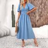 Women's Summer Dress, V Neck Short Sleeve Long Dress, Flowy A-line Slit Beach Sundress, Formal Cocktail Wedding Guest Dress