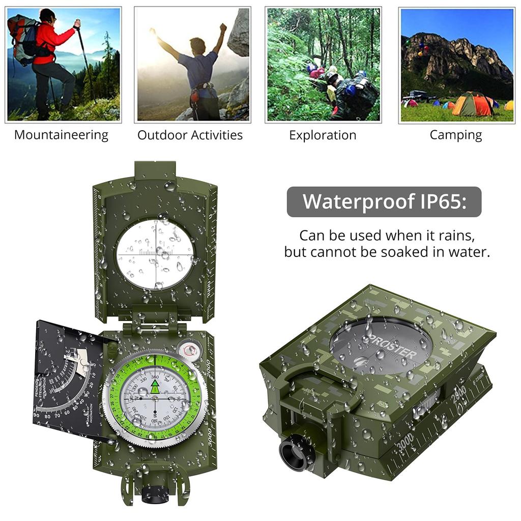 Proster Compass, High Precision, Zinc Alloy, with Inclinometer, IP65 Waterproof, Foldable, Suitable for Outdoor Activities Such as Mountaineering,