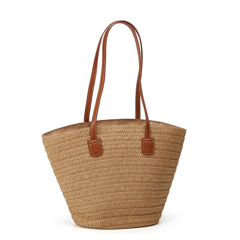 Handgefertigte Strohtasche mit großem Fassungsvermögen für Damen, Sommerneuheit, Urlaubs-Strand-Strohtasche, gewebte Eimertasche, Tragetasche