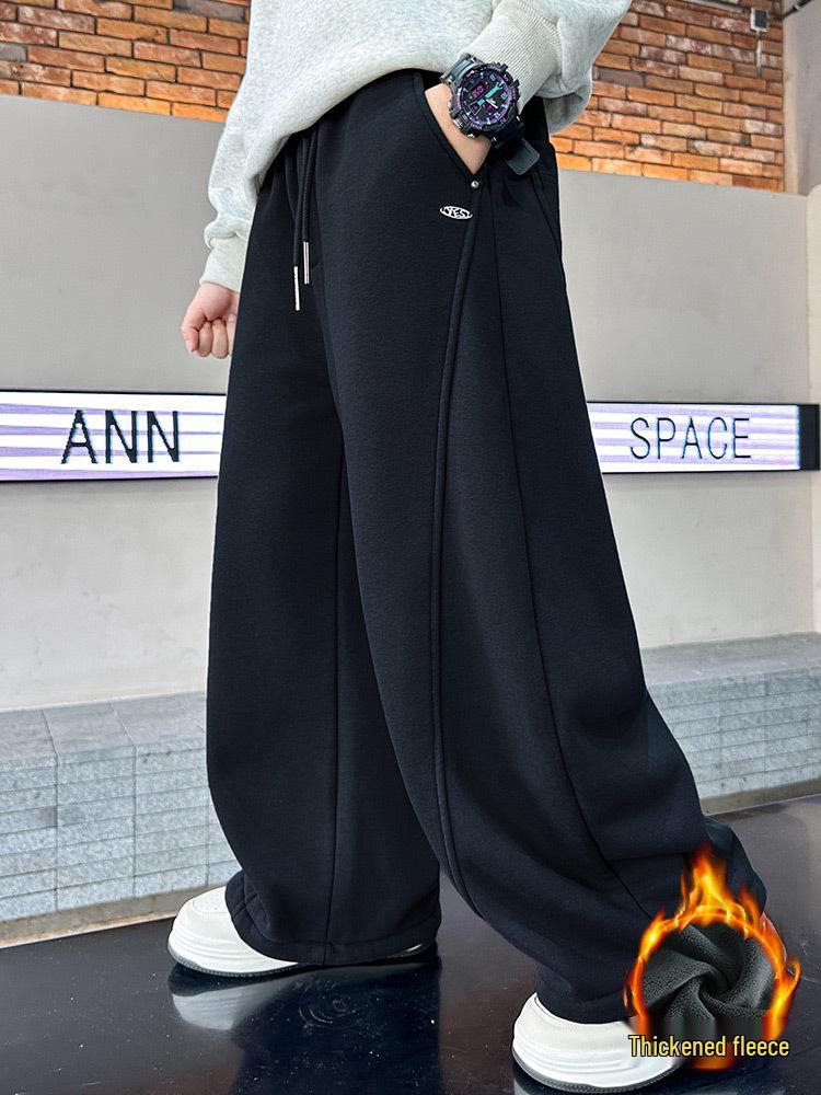 2025 New Boys' Fleece-Lined Thick Trousers: Autumn/Winter Korean-Style Sweatpants for Older Kids