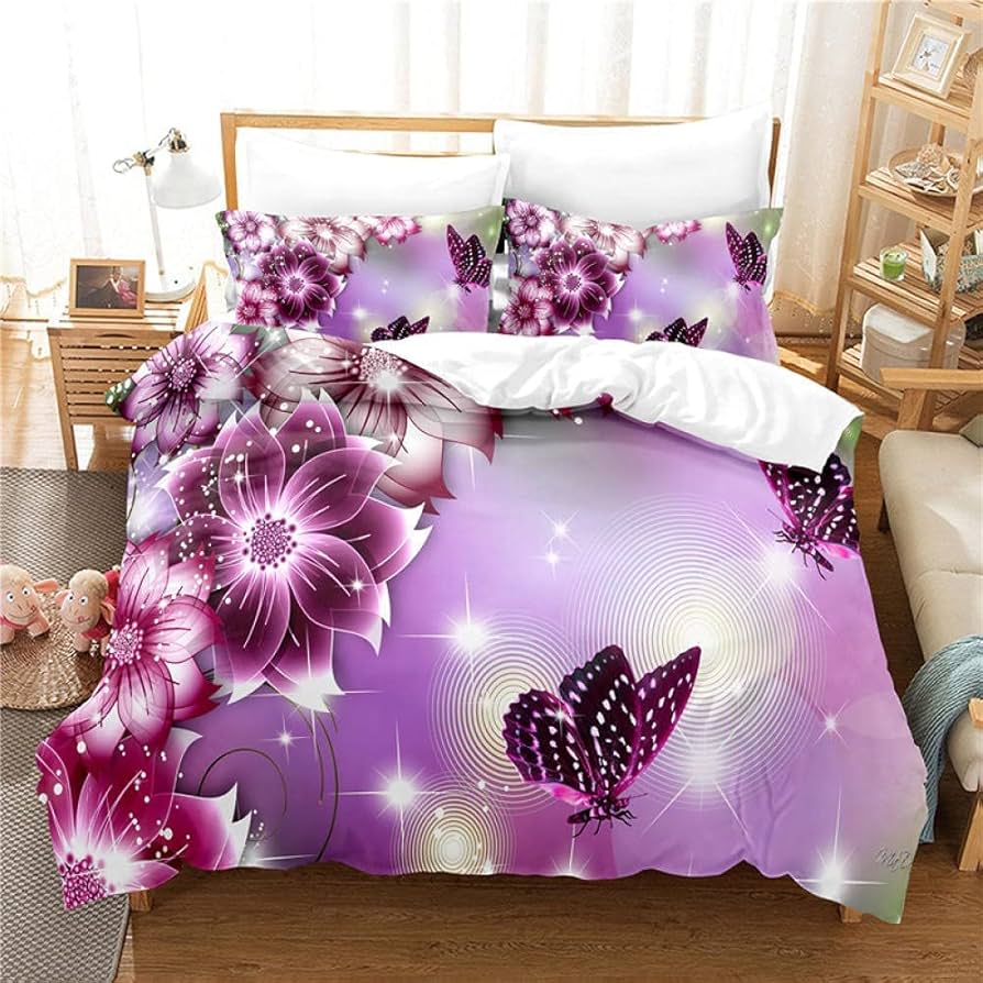 Beautiful Butterfly Duvet Cover Set Twin King SizeButterfly Floral Print Bedding Set for Girls WomenBoho Style Comforter Cover
