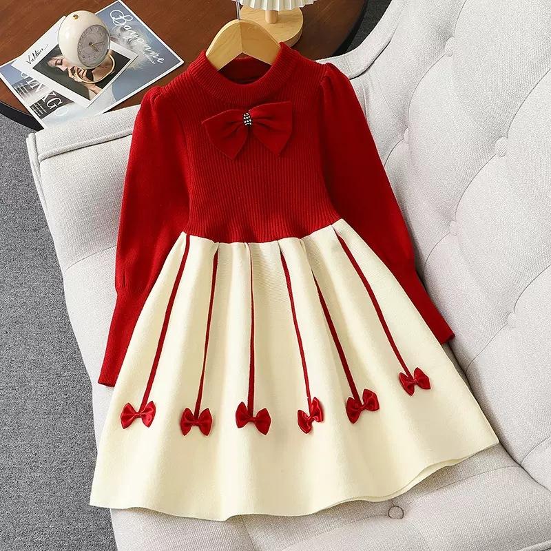 Girls Pink Knit Dress Autumn Winter Middle Big Kids Bowknot Princess Sweater Dress 150cm красный