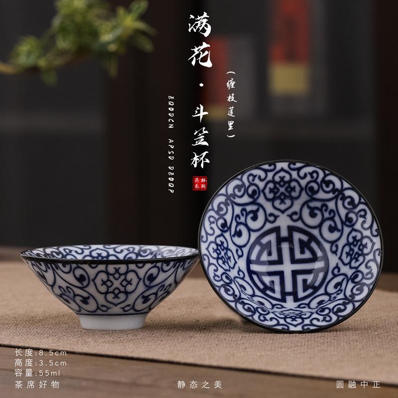 1 Stück chinesische Teetasse aus blauem und weißem Porzellan, exquisite handbemalte Teeschale mit Vogelmotiv, Bambushut, Meister-Meditationstasse, Teeservice, 55 ml