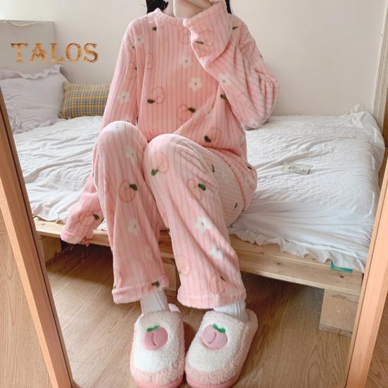 Ensemble de pyjama d'hiver 2 pièces pour femme, col rond, motif ours et pêche, manches longues, polaire corail, vêtements d'intérieur, haut et pantalon, vêtements de détente amples pour femme