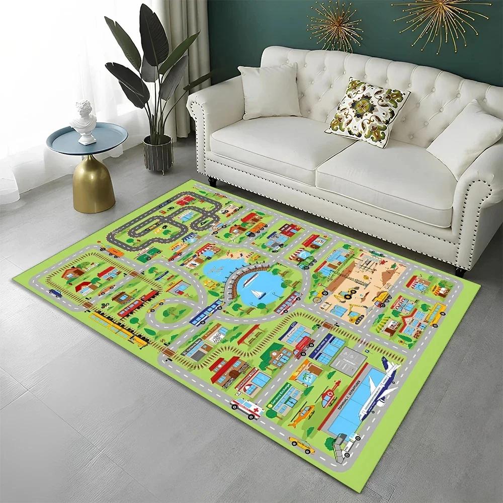 Highway City Kinderspielmatte Verkehr Spielzimmer Teppich Teppich für Zuhause Wohnzimmer Schlafzimmer Fußmatte Dekor, Bereichsteppiche Rutschfeste Bodenmatte