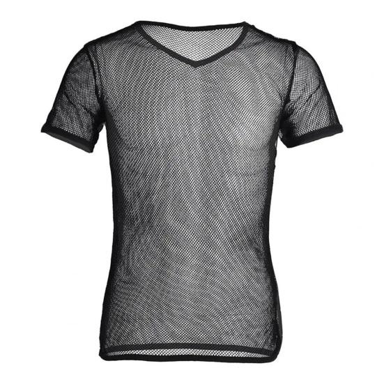 Men V-Neck Color Short Sleeve Hollow Tops Breathable Casual Style Tops