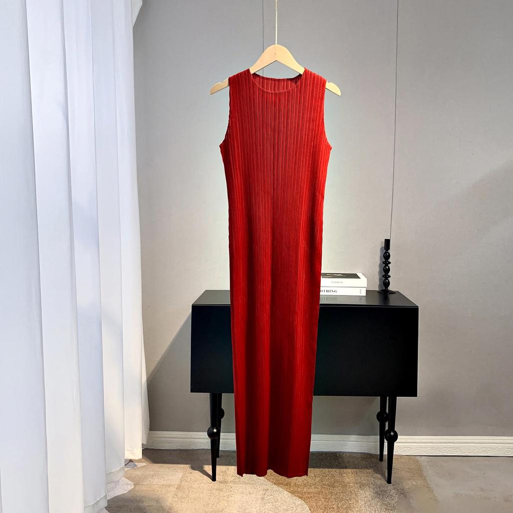 Dámské jednobarevné letní maxi šaty Miyake bez rukávů, plisované, slim-fit