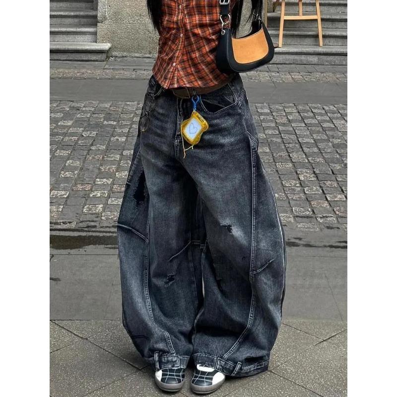 Retro Large Size Washed Frayed Scimitar Jeans Women's Street Loose Slimming Wide-legged Long Pants Trendy
