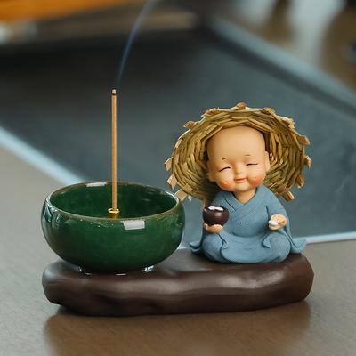 Creative Cute Straw Hat Monk Zen Aromatherapy Furnace Home Furnishings Resin Crafts Desktop Decoration Incense Insertion Seat