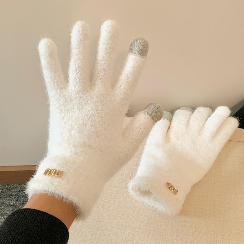 Simple solid color plush five-finger plush warm gloves women's winter versatile riding windproof and cold-proof can touch the screen students