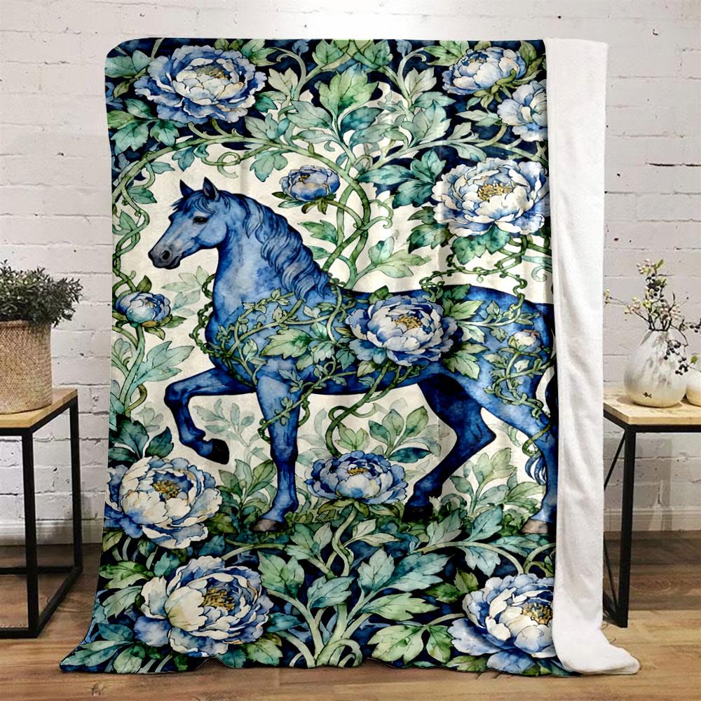 A blue horse entwined with vines and surrounded by blue peonies. for all seasons blanket lunch break throw gift