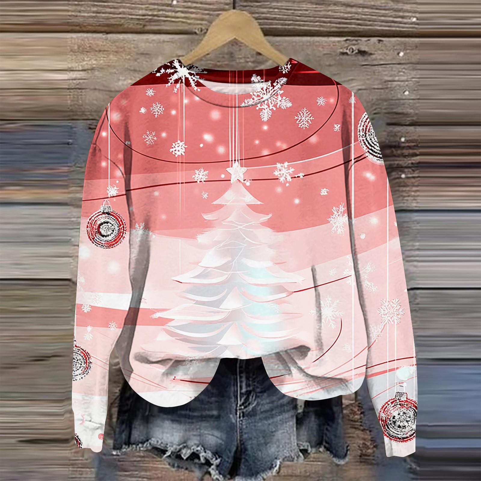 

Женская мода круглый вырез пуловер длинный рукав футболка рождественский принт топ M розовый