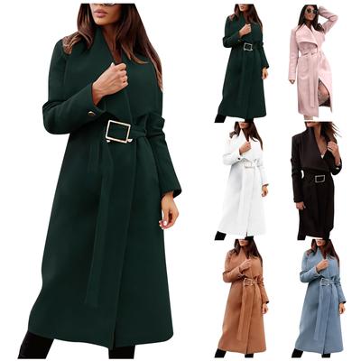 Women's Autumn Winter Long Sleeve Lapel Pocket Casual Coat Belt Woolen Coat