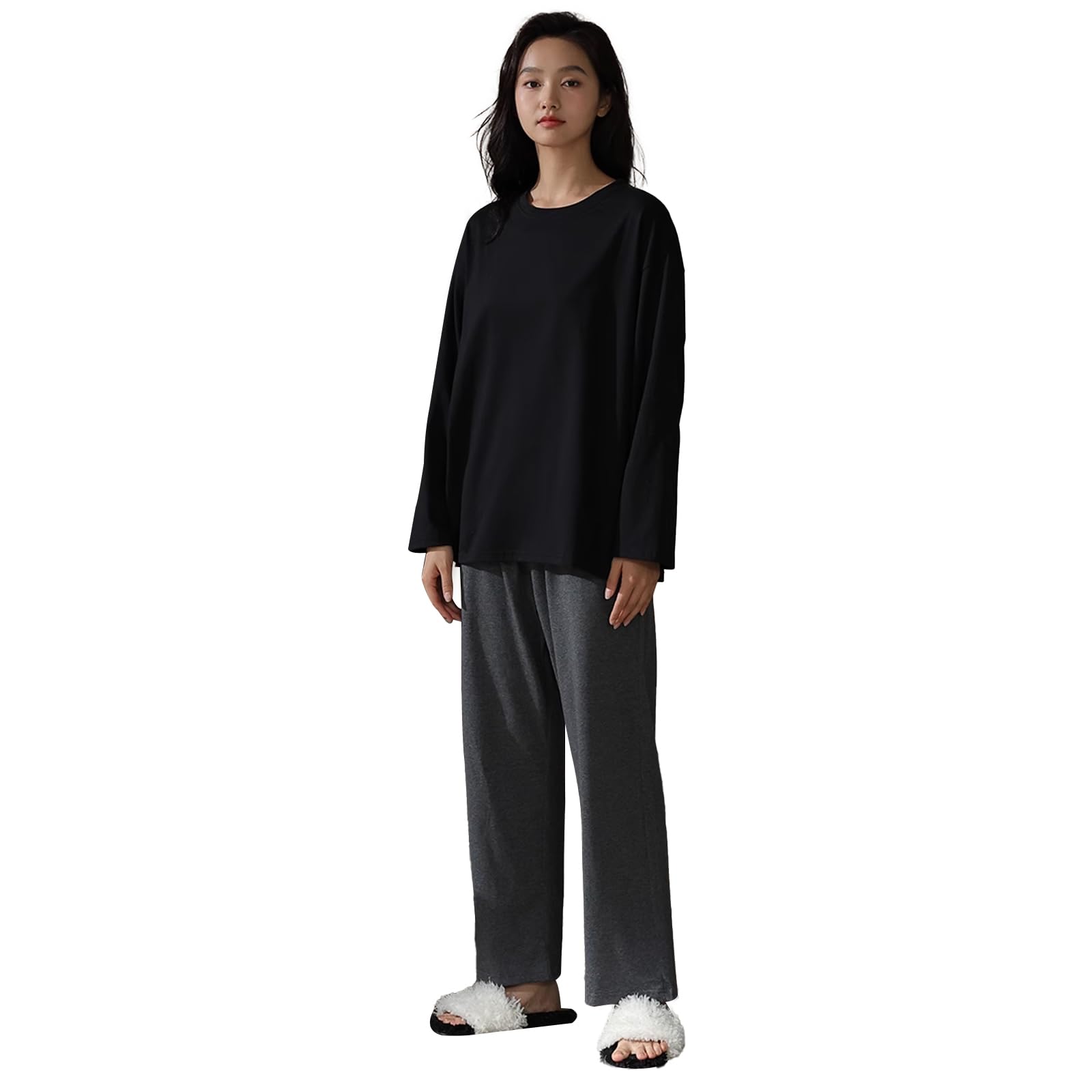 

PeiYA Long Sleeve Top and Bottom Loose Fit Women s Pajamas, 100% Cotton, Loungewear, Set, (JP, Alphabet, XL, Black/Dark Gray)