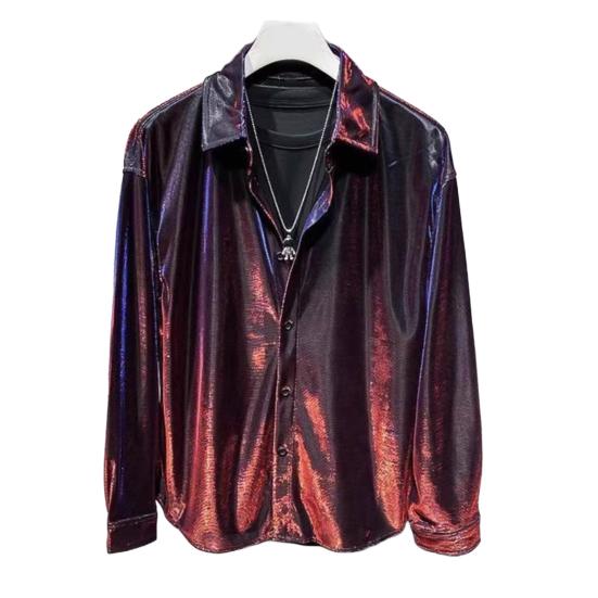 

Мужская рубашка с отложным воротником, свободная, глянцевая, однобортная, с длинным рукавом, для клуба, вечеринки, повседневная, официальная рубашка M пурпурно красный