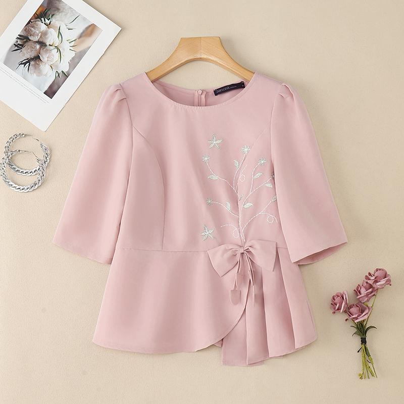 ZANZEA Blusa Casual de Verano para Mujer con Cuello Redondo y Manga Media con Bordado