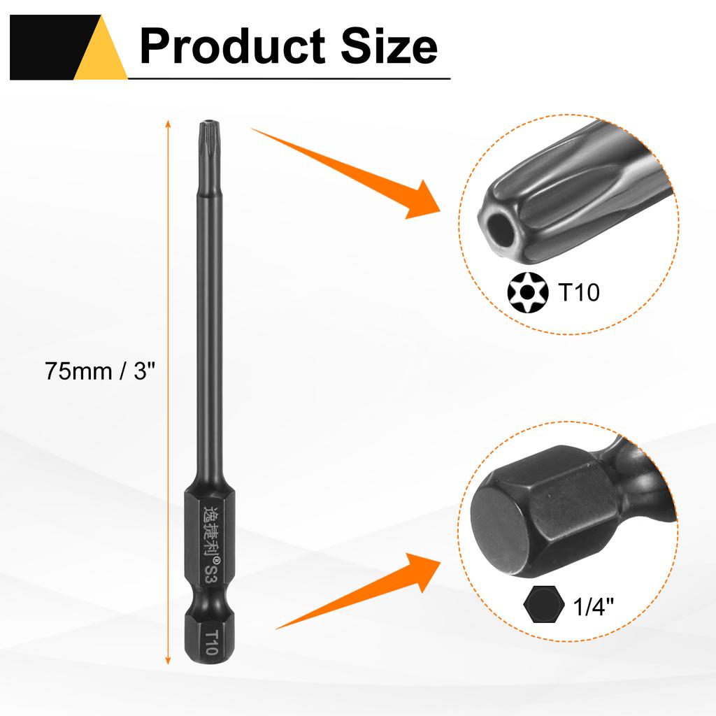 6pcs T6-T40 Torx Screwdriver Bit 1/4" Hex Shank 75mm/100mm S3 Steel Magnetic Tamper Proof Star 6 Point Head Hex Screw Driver Bit