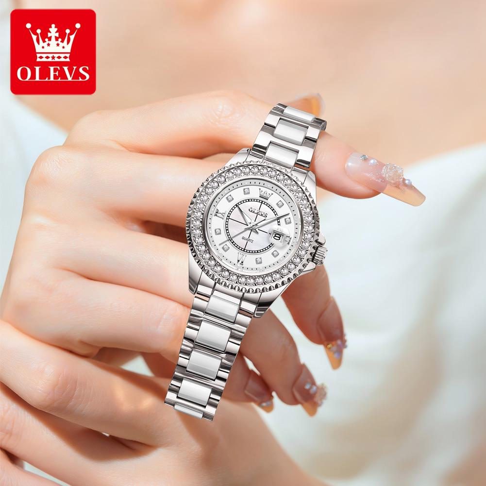 OLEVS 3685 New Quartz Watch for Women Luminous Waterproof Calendar Diamond Bezel Original Fashion Dress Ladies Wristwatch