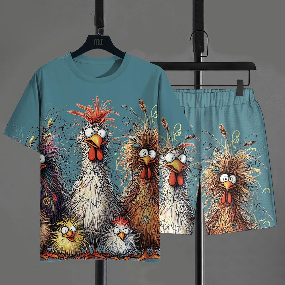ETST 26 Grappige Heren T-shirt Broek Set Cartoon Kip Print Zomer Casual Korte Mouw Pullover T-shirts Buiten Mannen Oversized Kleding 5XL