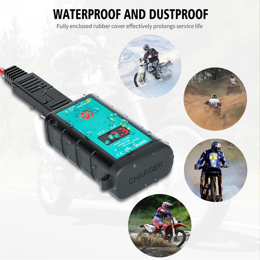 Motorcycle USB + Type-C Charger QC3.0 Fast Charger with Voltmeter Power Switch