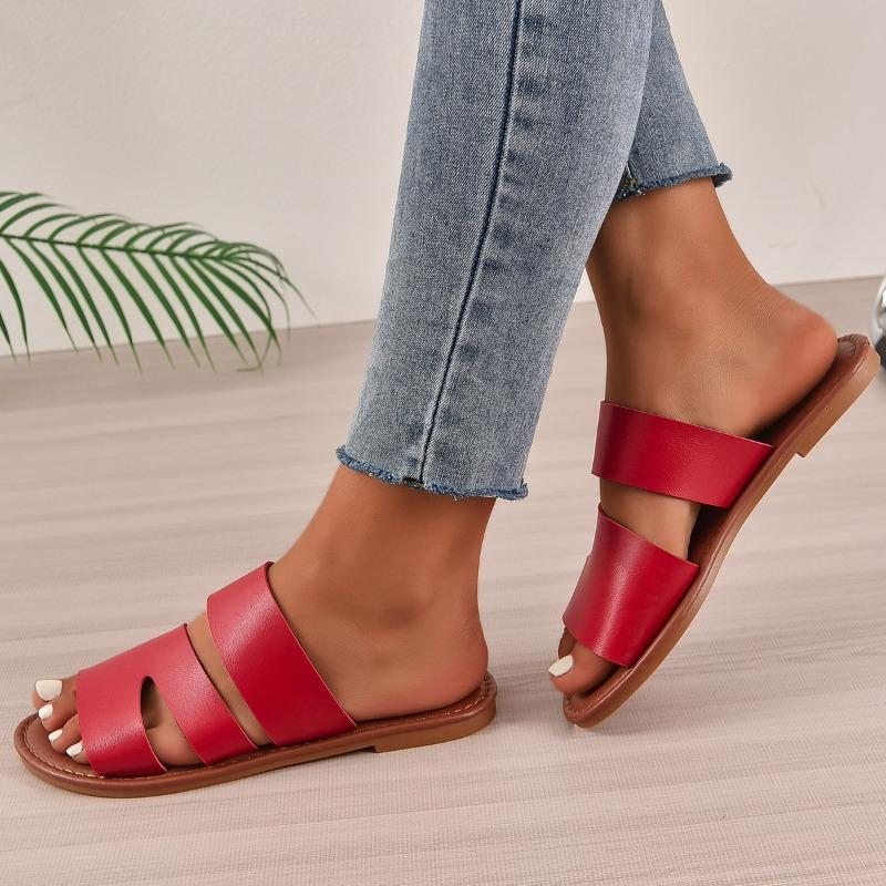 Fashion 2025 Summer New Solid Color Round Toe Open Toe Women's Slippers for Casual Wear Plus Size Fashionable Beach Sandals Flat Bottom