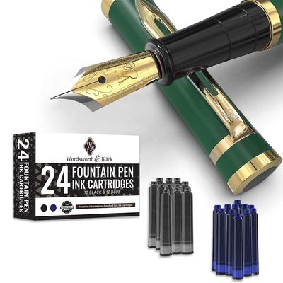 Wordsworth & Black Fountain Pen Set, 18K Plated Medium Nib, 24 Pack Ink Cartridges, Ink Refill Converter & Gift Box, Gold Finish, Calligraphy, [Racing