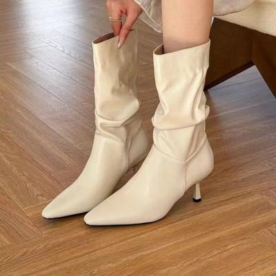 High Heels Women Mid Calf Snow Boots Pointed Toe Sexy Leather Shoes Women Winter Fad Chelsea Boots  Trend Goth Zapatos Lady