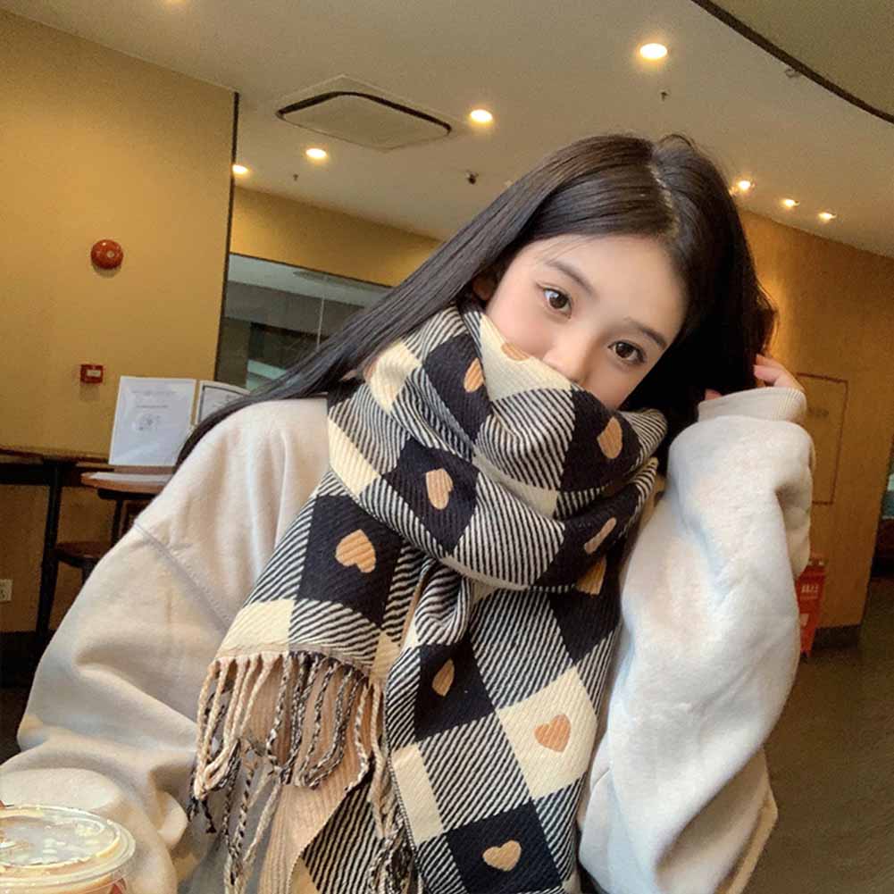 Women Fashion Plaid Scarf Sweet Heart-shaped Printing Warm Thickened Dual-purpose Scarf Shawl