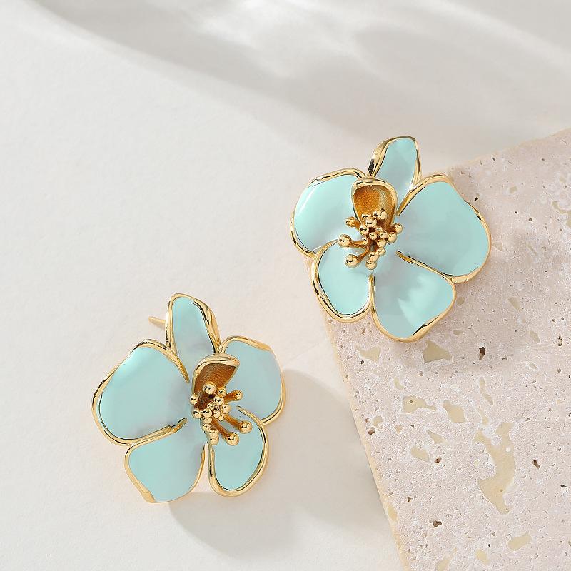 Mori sweet temperament pastoral style enamel drip glaze flower stud earrings light luxury simple high sense versatile earrings синий