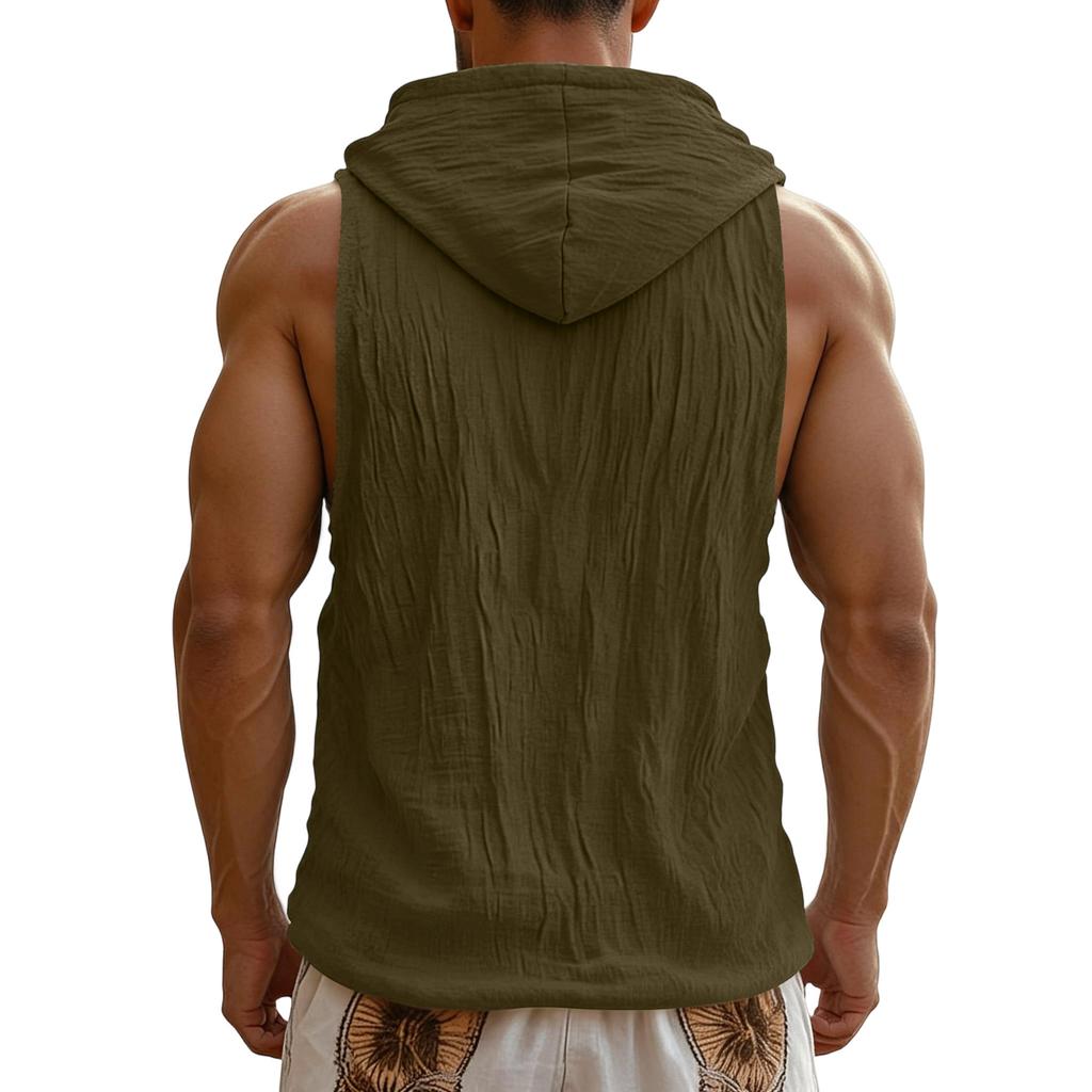 Men's Linen Sleeveless Hooded Button Vest - Lightweight Loose Fit Beach Hawaiian Summer Top for Casual Wear