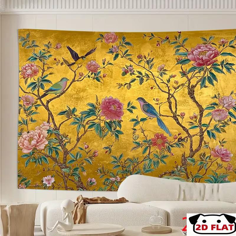 2D Gold Chinese Peony and Bird Backdrop Traditional Style Banner