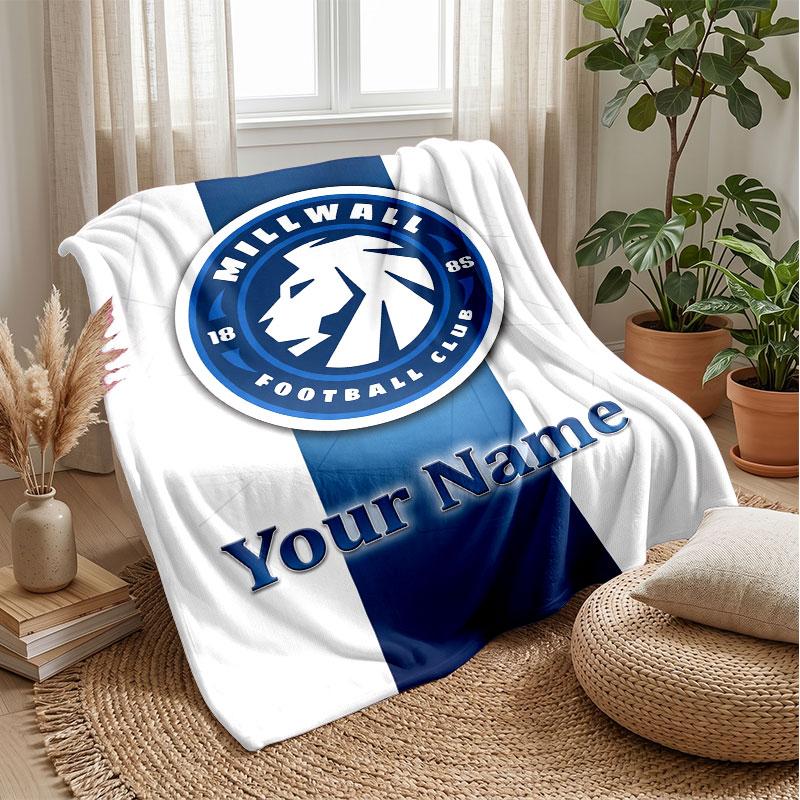 Millwall Custom Name Text Flannel Blanket Soccer Logo Personalized Fleece Throw Blanket Special Gift For Sofa Bedroom Home