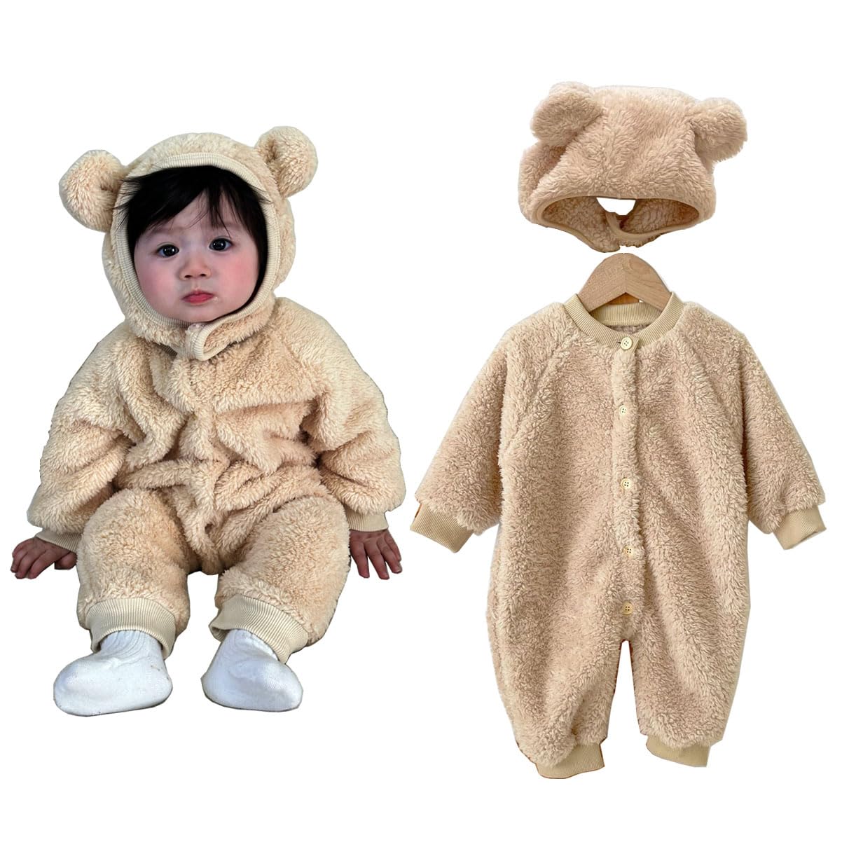 

TUPOLILI Baby Romper with Long Fluffy Warm and Cute Jumpsuit for Baby Kigurumi Perfect for Halloween Hat, Coverall, Sleeves, Fleece-Lined, Outerwear,