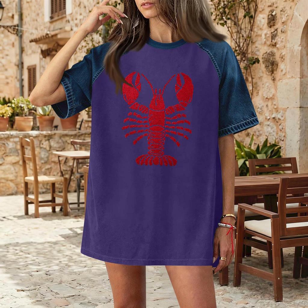 Women's Casual Denim Patchwork Short Sleeve T-Shirt Loose Fit Crew Neck Summer Spring Fashion Top Lobster Print